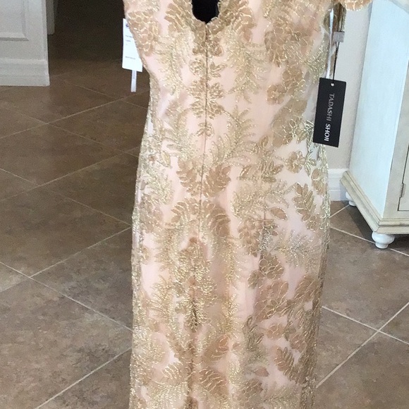 Tadashi Shoji gown, gold lace over blush shell, back zip, v back, size 14, NWT - Picture 8 of 12